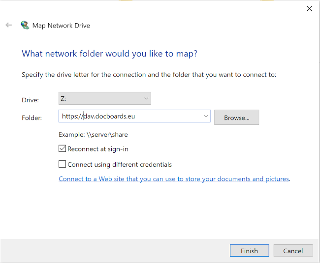 Select Drive letter and enter dav url in Folder field