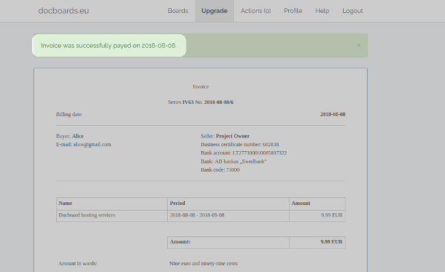 After executing a payment Alice is redirect back to docboards.eu invoice window